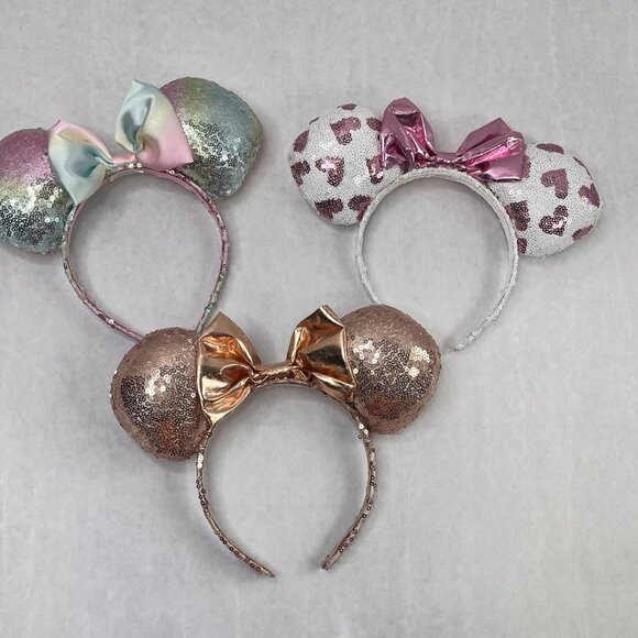 Bundle Of 3 Disney Minnie Mouse Sparkle Ears Headbands With Bows & Sequins - Picture 1 of 7
